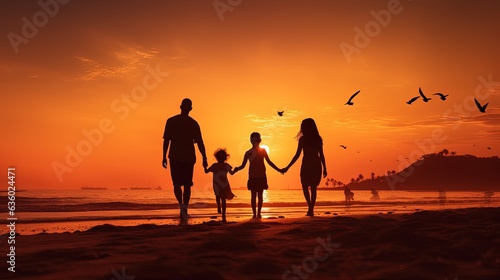 Family silhouette playing on the beach at sunset