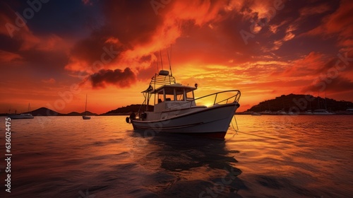 Stunning sunset in Ibiza with golden and red colors and boat silhouettes