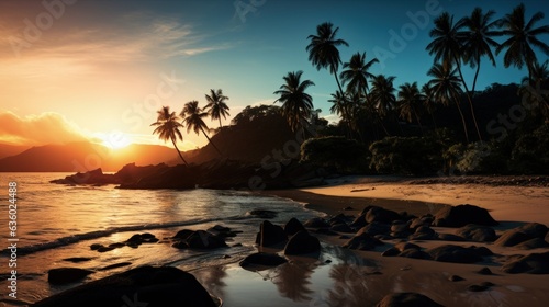 Typical Seychelles beach with granite rocks. silhouette concept