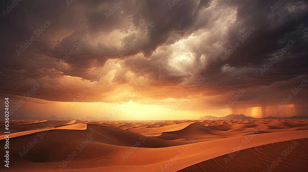 Stunning stormy clouds above Sahara s beautiful sand dunes in Morocco. silhouette concept - obrazy, fototapety, plakaty 