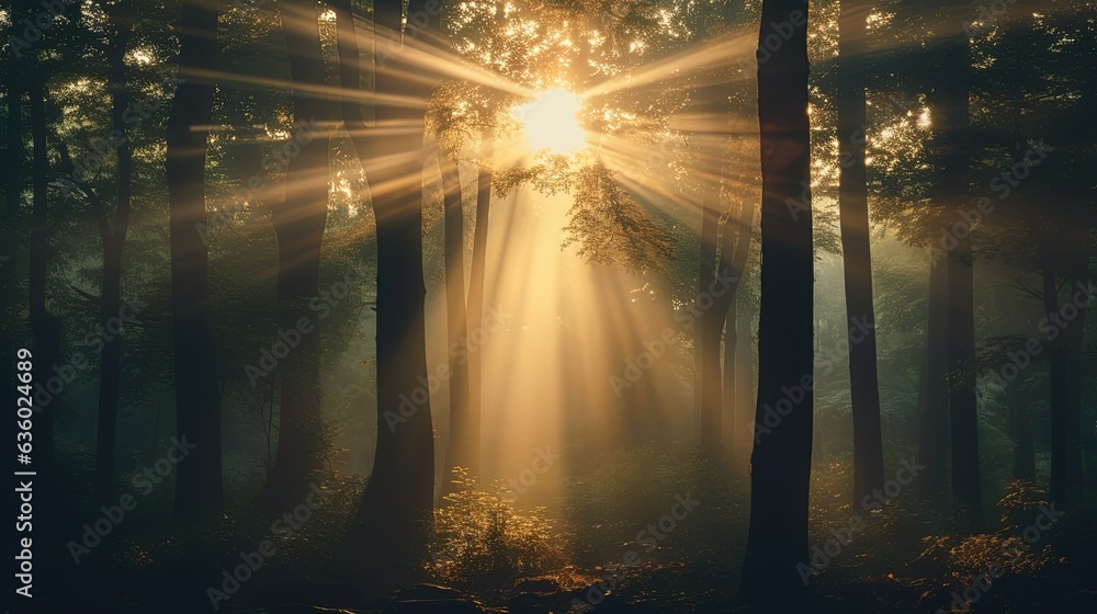 Sunlight filtering through the trees in a forest. silhouette concept