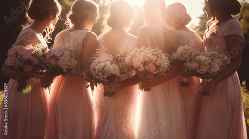 Luxury wedding blog with bridesmaids in pink and a beautiful bouquet depicting the concept of a summer wedding. silhouette concept photo