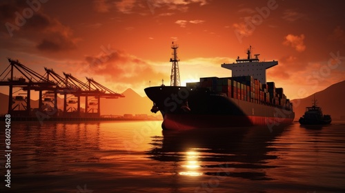 Sunset arrival of a container ship in port. silhouette concept