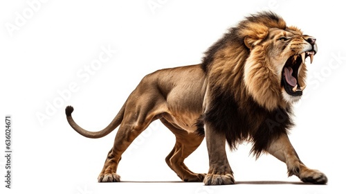 Adult male lion Panthera leo jumping with open mouth on white background. silhouette concept