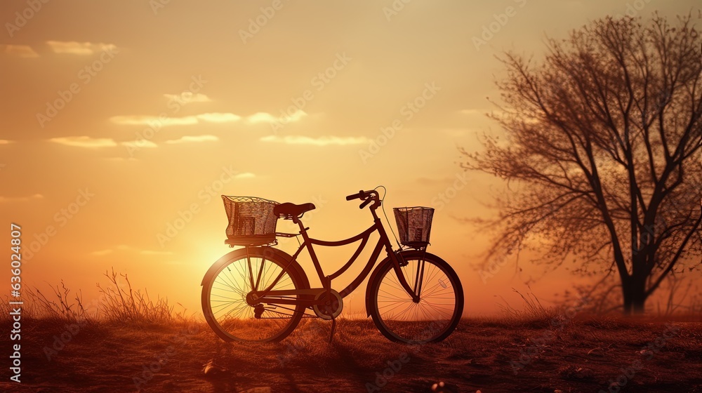 Fototapeta premium Sunset silhouette of two bicycles in a summer landscape