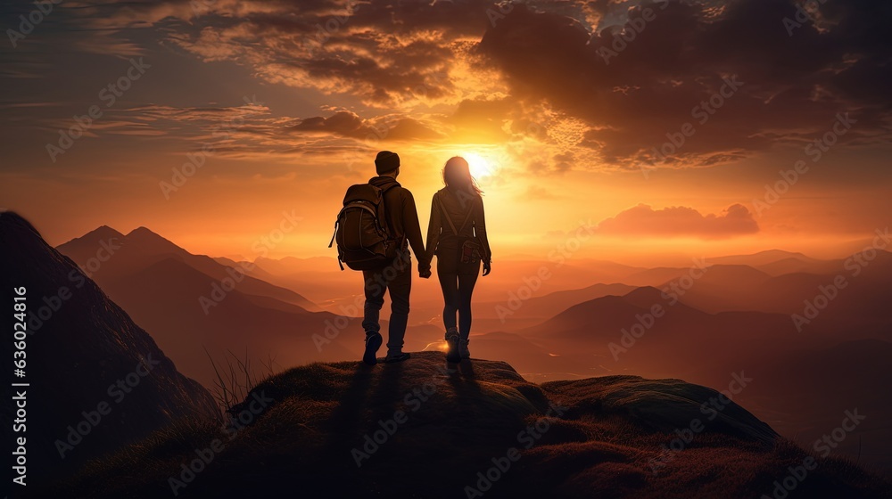 Hiking couple admiring the sunset from a hill top. silhouette concept