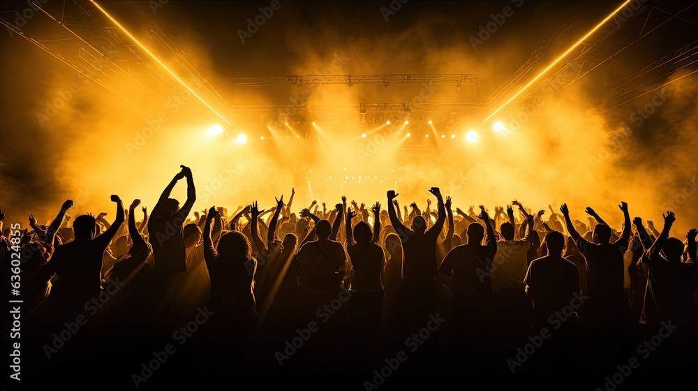 Concert crowd shadows against vibrant yellow stage lights. silhouette concept - obrazy, fototapety, plakaty 