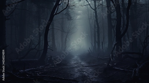 An eerie forest on a misty winter day. silhouette concept