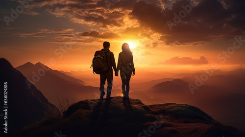 Hiking couple admiring the sunset from a hill top. silhouette concept