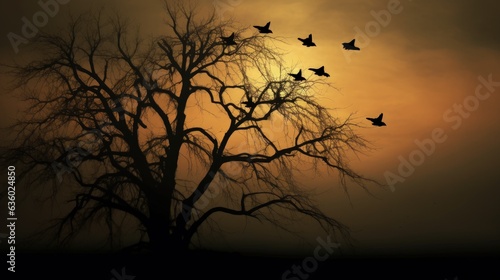 Crows perched on solitary silhouette of a tree