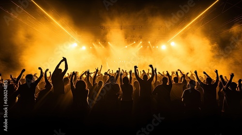 Fotografia Concert crowd shadows against vibrant yellow stage lights