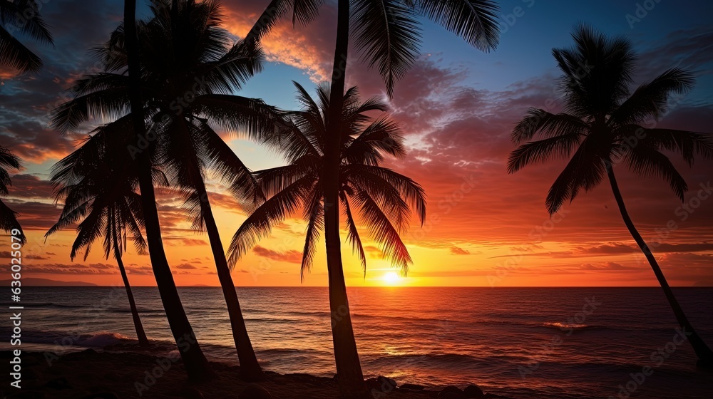 Palm trees silhouetted against a sunset on a tropical beach