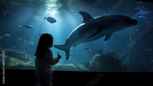 Child observing dolphin through aquarium glass. silhouette concept