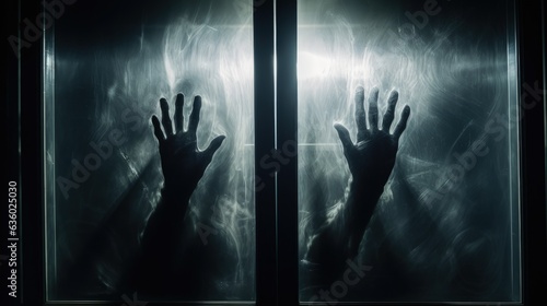 Spooky hands of a shadowy figure behind glass on a Halloween themed background. silhouette concept