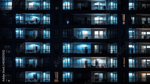 Contemporary nighttime architecture featuring uniform windows and balconies in a residential or hotel edifice. silhouette concept