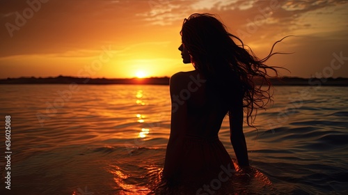 Young woman s silhouette against a sunset over the sea © HN Works