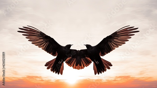 Two wing flapping birds in the white sky. silhouette concept