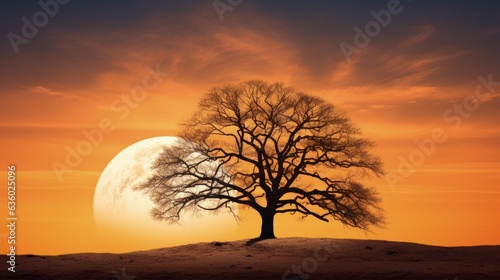 Silhouetted oak tree at sunset with full moon against golden sky in winter