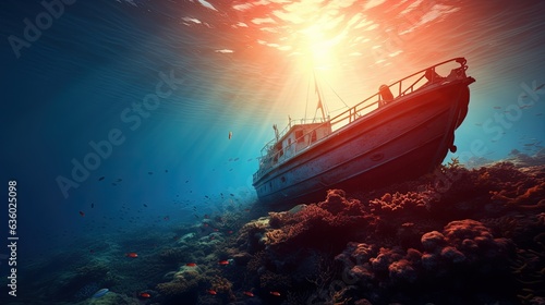 Boat anchored above vibrant reef illuminated by sunlight. silhouette concept