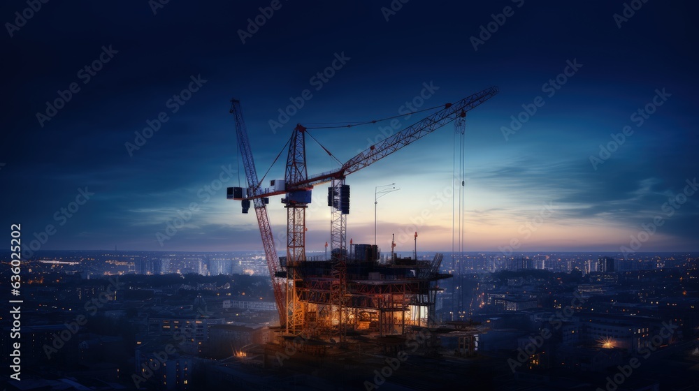 Crane with bright lights on an unfinished nighttime construction site. silhouette concept