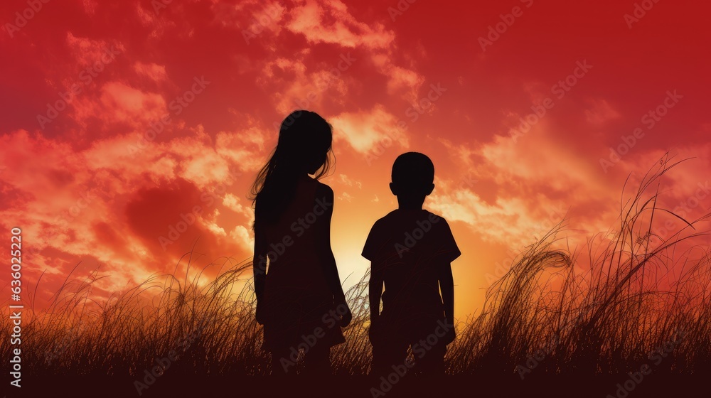 Two kids outlines in front of red sky and grass. silhouette concept