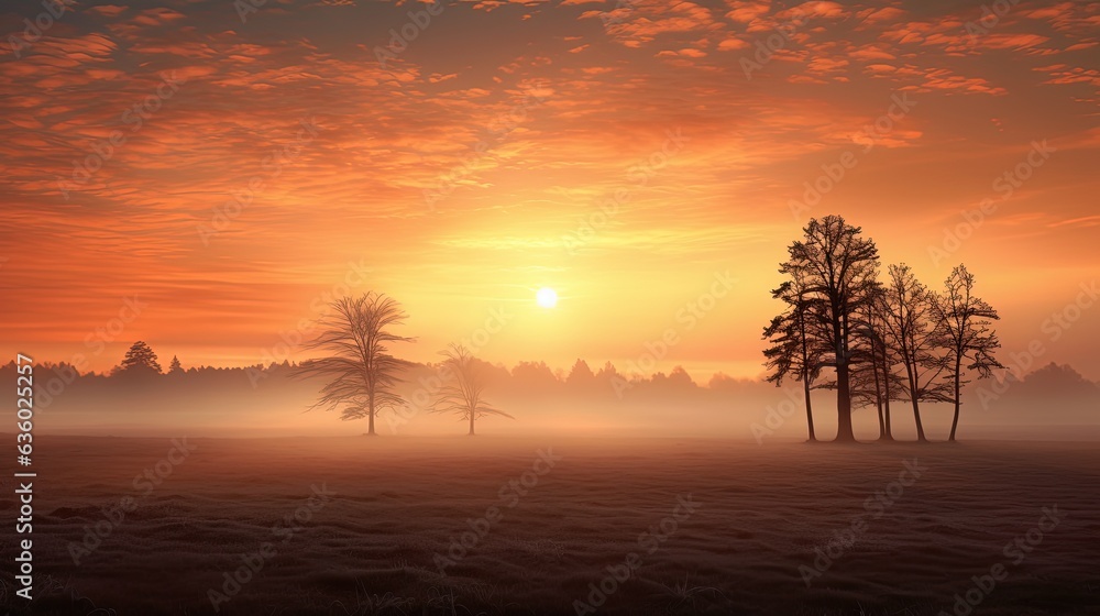 Sunrise above misty field with tree outlines. silhouette concept