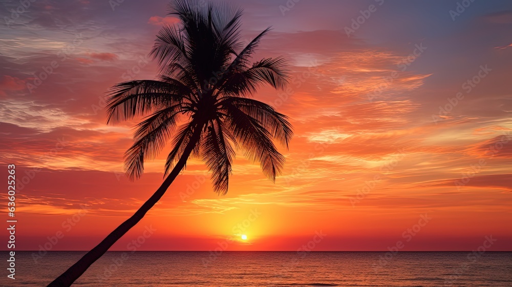 Palm tree against stunning sunset silhouette