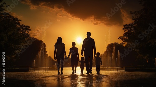 Family walking towards water feature. silhouette concept photo