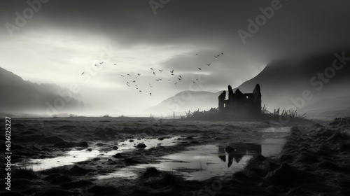 Misty morning scene with ruined house and mountains in the background captured in black and white. silhouette concept
