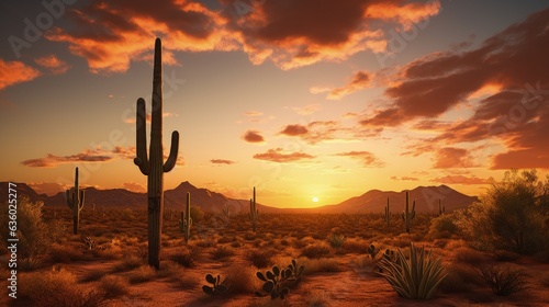 Sonoran desert sunset in Phoenix Arizona featuring a large Saguaro cactus. silhouette concept