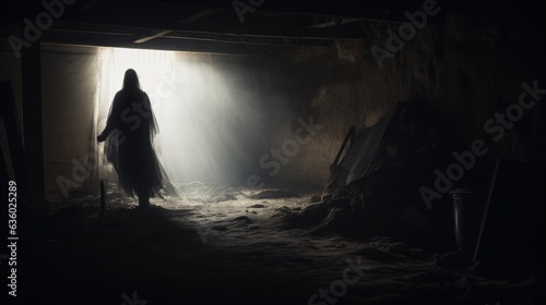 An eerie ghostly figure captured in an aged dusty cellar s photograph. silhouette concept