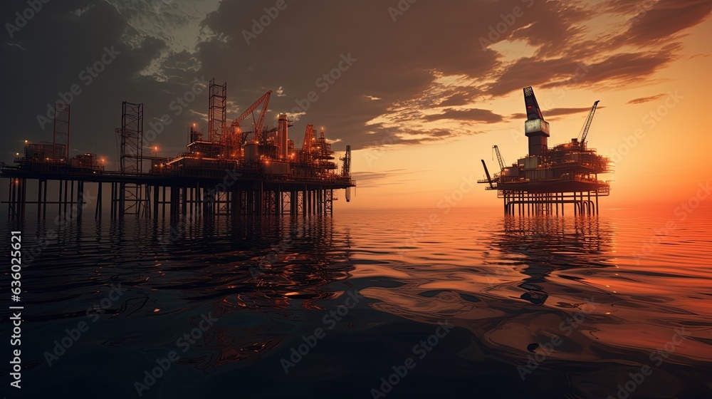 Oil production platform in the Gulf of Mexico shown in silhouette