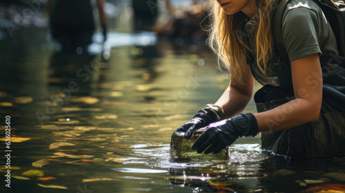 A team of volunteers collecting rubbish in black bags  including water bottles  plastic bags  and Styrofoam boxes. Represents environmental cleanup. Generative Ai.