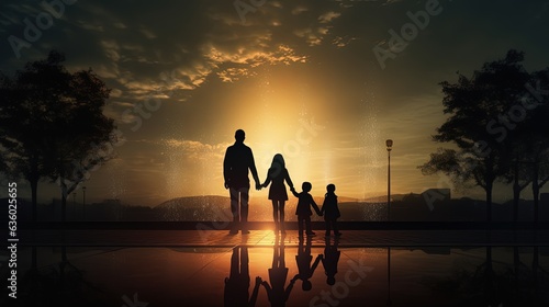 Family walking towards water feature. silhouette concept photo