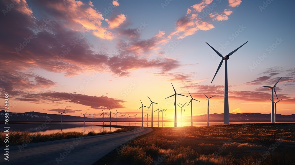 Obraz premium Wind turbines at dusk. silhouette concept