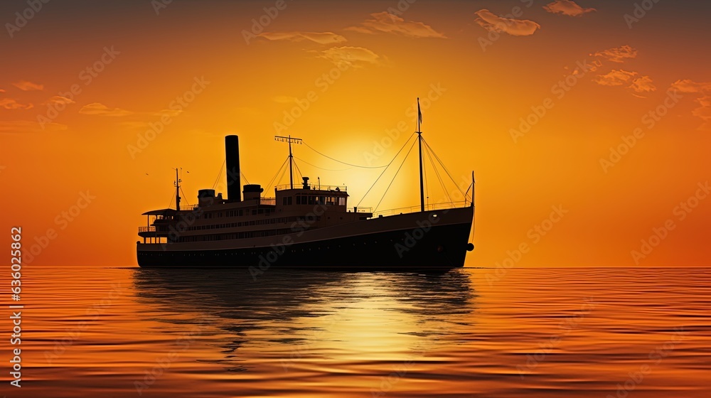 Ship silhouette at sunrise over golden sea