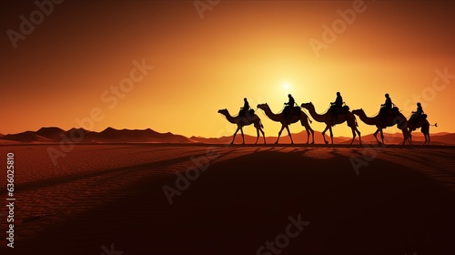 camel tours in Sahara desert guided by a berber with camel shadows. silhouette concept © HN Works
