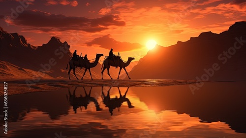 Riders on camels during sunset. silhouette concept