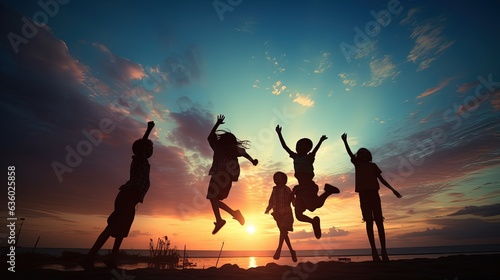 Children in silhouette leaping against a beautiful blue sky backdrop