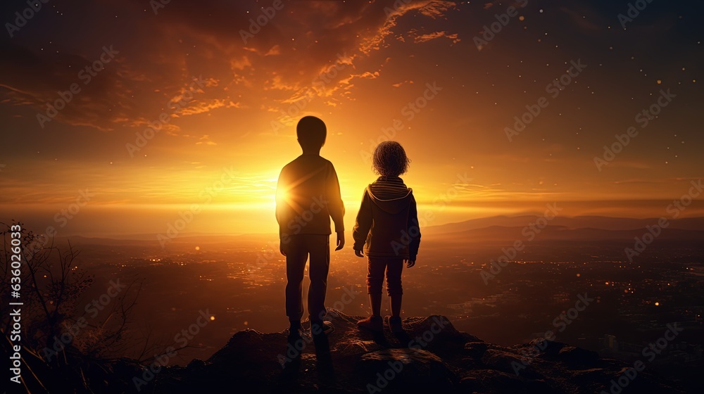 The sun sets behind a hill where two children stand. silhouette concept
