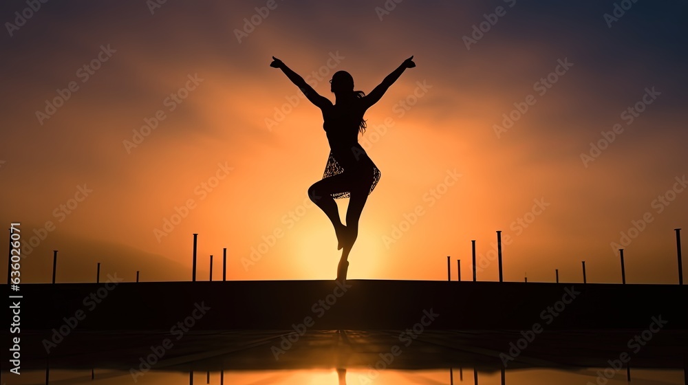 Athletic women doing high kicks by the pool in the morning mist. silhouette concept