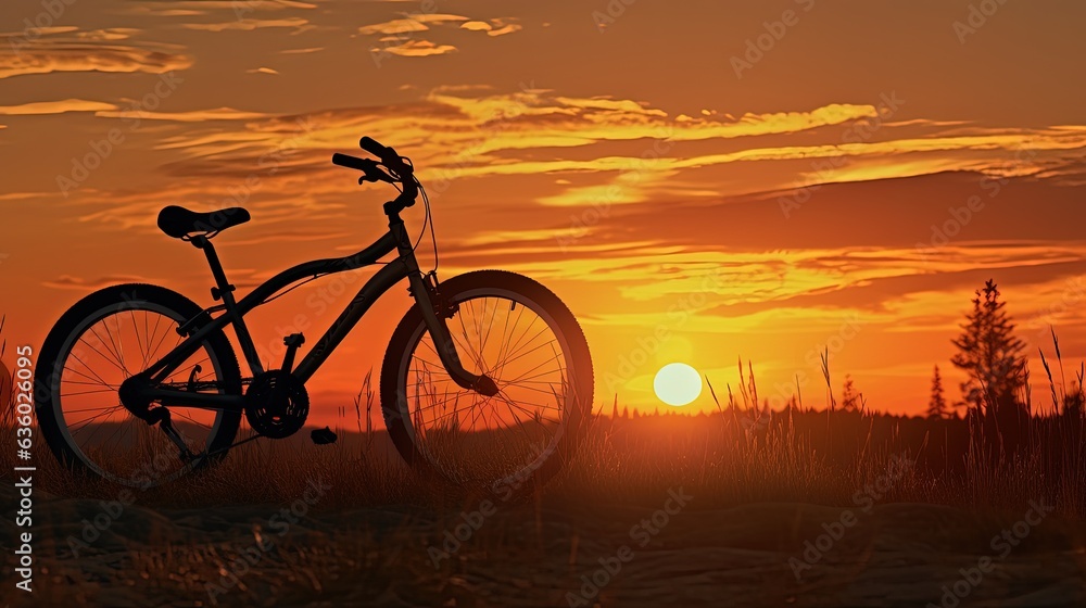 Fototapeta premium Sunset silhouette of two bicycles in a summer landscape