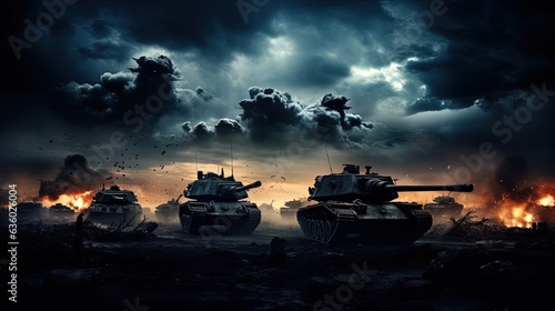 Foggy sky battle scene with German tanks and armored vehicles. silhouette concept