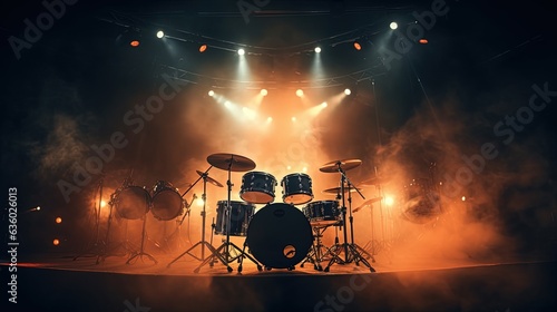 Photographie Live drum on stage with spotlights illuminating smoke music and concert background