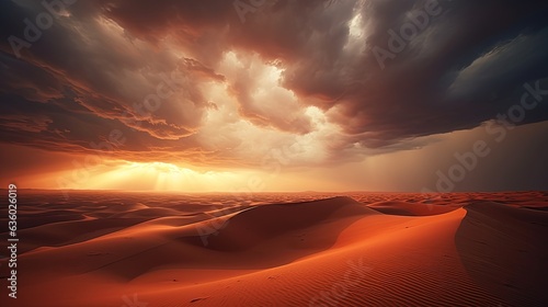 Stunning stormy clouds above Sahara s beautiful sand dunes in Morocco. silhouette concept