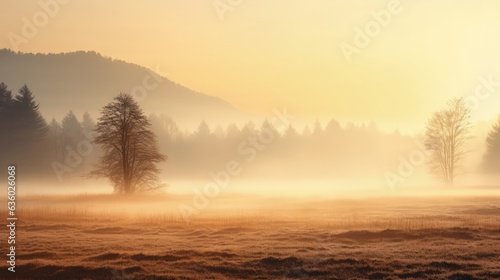 Autumn sunrise in Slovenian meadow misty and serene with bare trees dried grass and no one in sight. silhouette concept