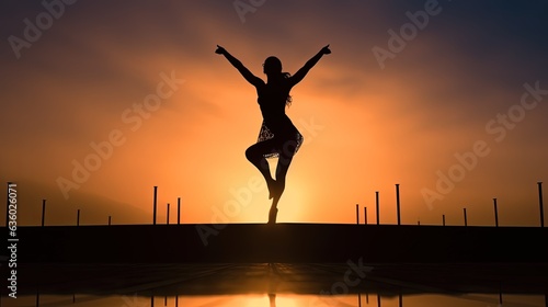 Athletic women doing high kicks by the pool in the morning mist. silhouette concept © HN Works