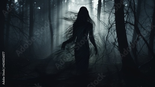 Terrifying female ghost with black hair in a dark forest. silhouette concept