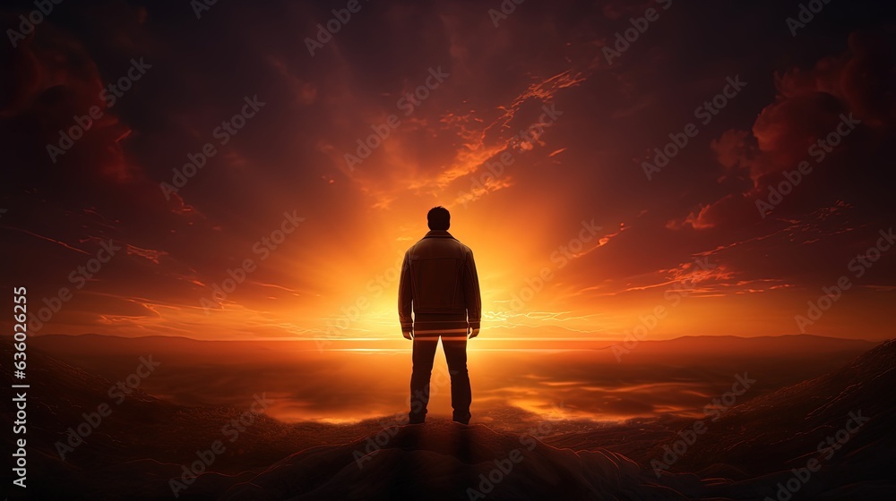 Fototapeta premium Man gazing at sunset s shadow. silhouette concept
