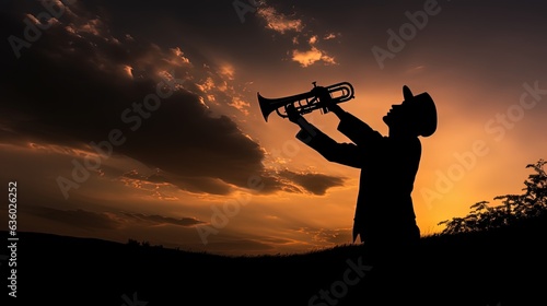 Trumpet playing in silhouette